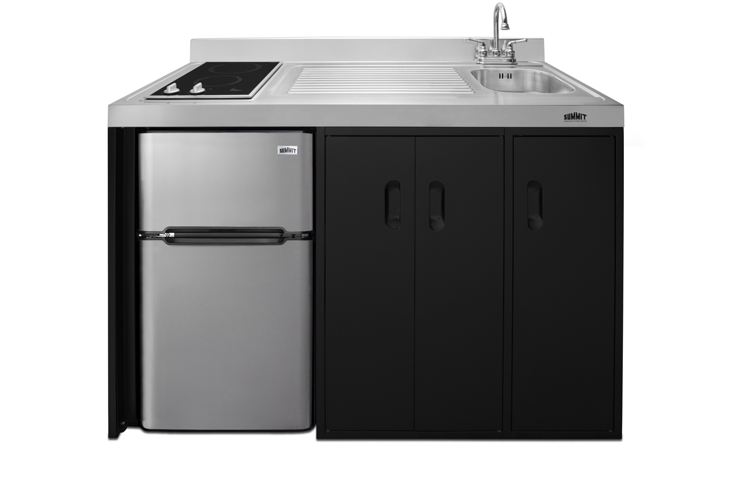 54 inch wide all-in-one kitchenette in black with a removable 2-burner 115V smooth top cooktop, 2-door refrigerator-freezer, sink, and two storage cabinets